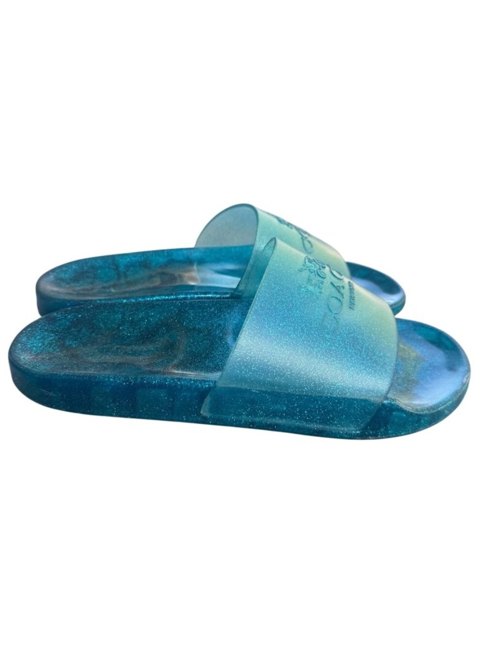 Coach Women's Glitter Slide Sandals Blue Sparkle Slip-On Pool Shoes Size 9